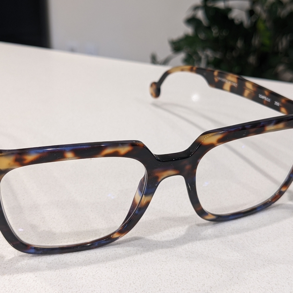 LA Eyeworks Soapbox glasses frames, blue and brown tortoise